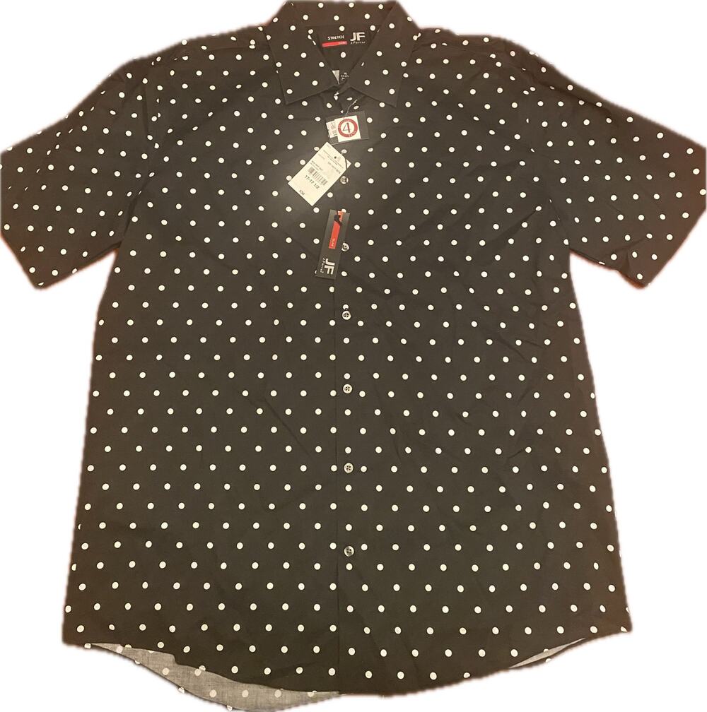 NWT JF J. Ferrar Mens Slim Fit Stretch Dress Shirt Black White Polka Dot XL